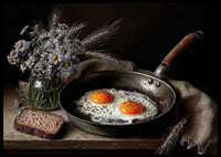 A rural still life with flowers, bread and fried eggs.-6