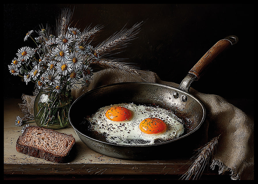 A rural still life with flowers, bread and fried eggs.-12
