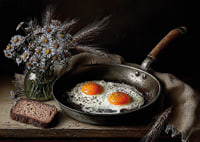 A rural still life with flowers, bread and fried eggs.-7
