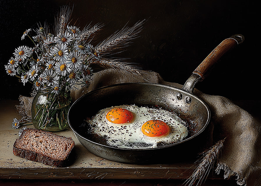 A rural still life with flowers, bread and fried eggs.-12