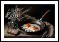 A rural still life with flowers, bread and fried eggs.-0