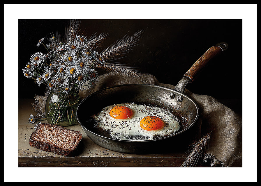 A rural still life with flowers, bread and fried eggs.-12