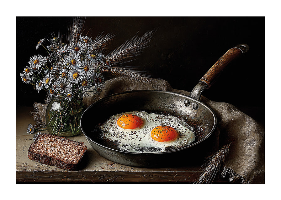A rural still life with flowers, bread and fried eggs.-12
