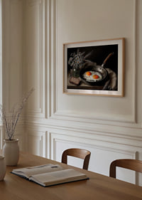 A rural still life with flowers, bread and fried eggs.-8