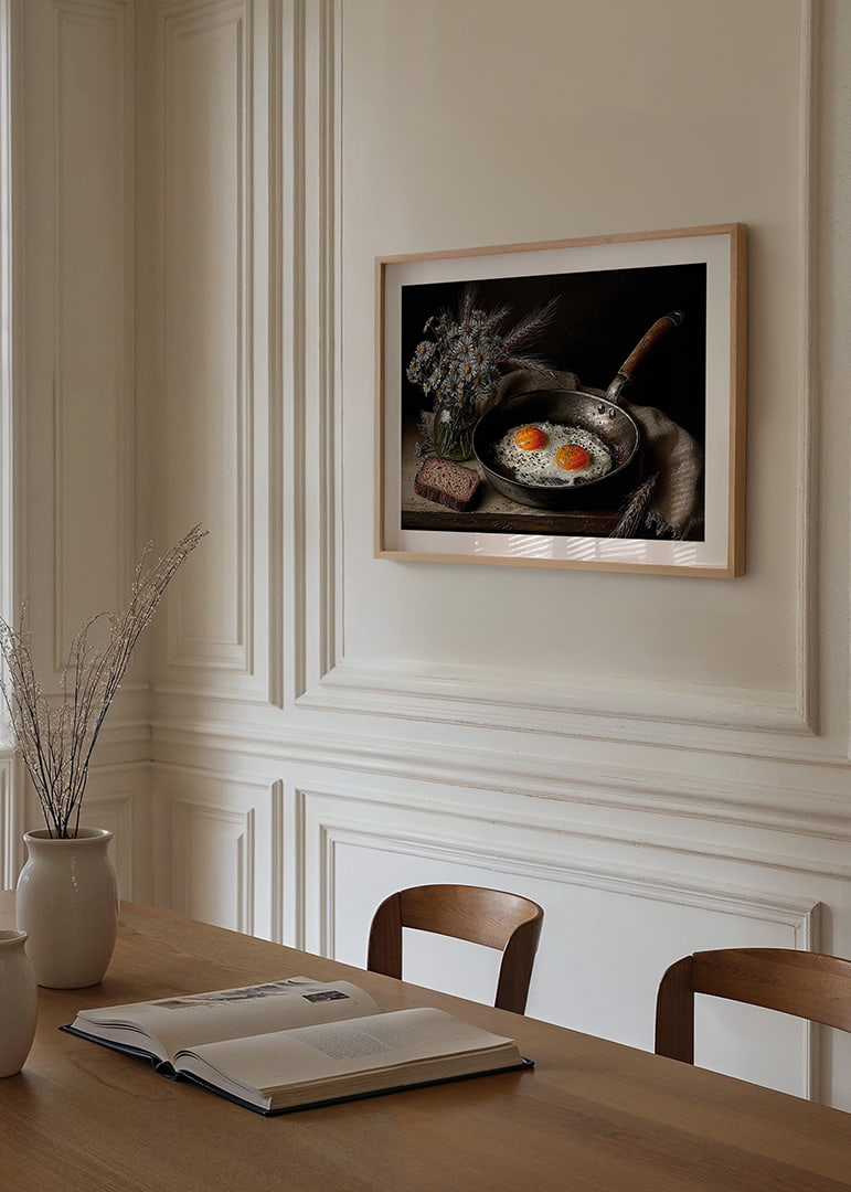 A rural still life with flowers, bread and fried eggs.-12