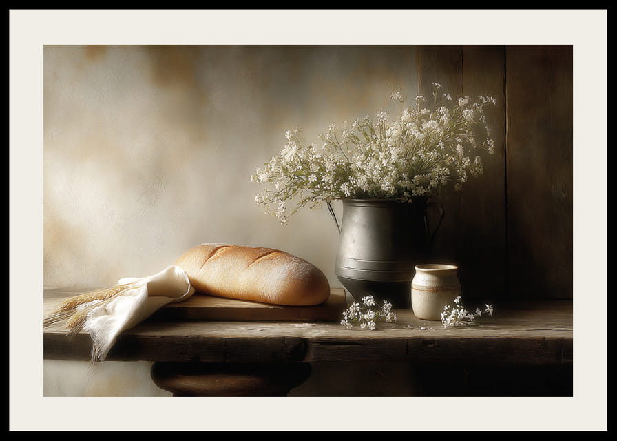 Une nature morte harmonieuse avec du pain et des fleurs dans une lumière douce.-12