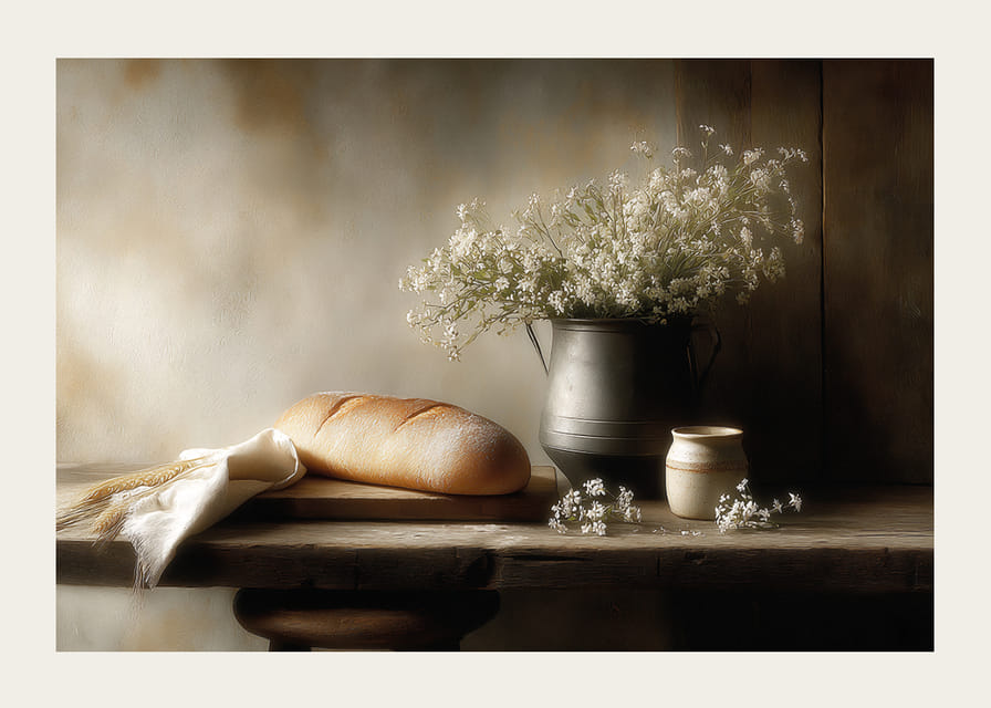 Une nature morte harmonieuse avec du pain et des fleurs dans une lumière douce.-12