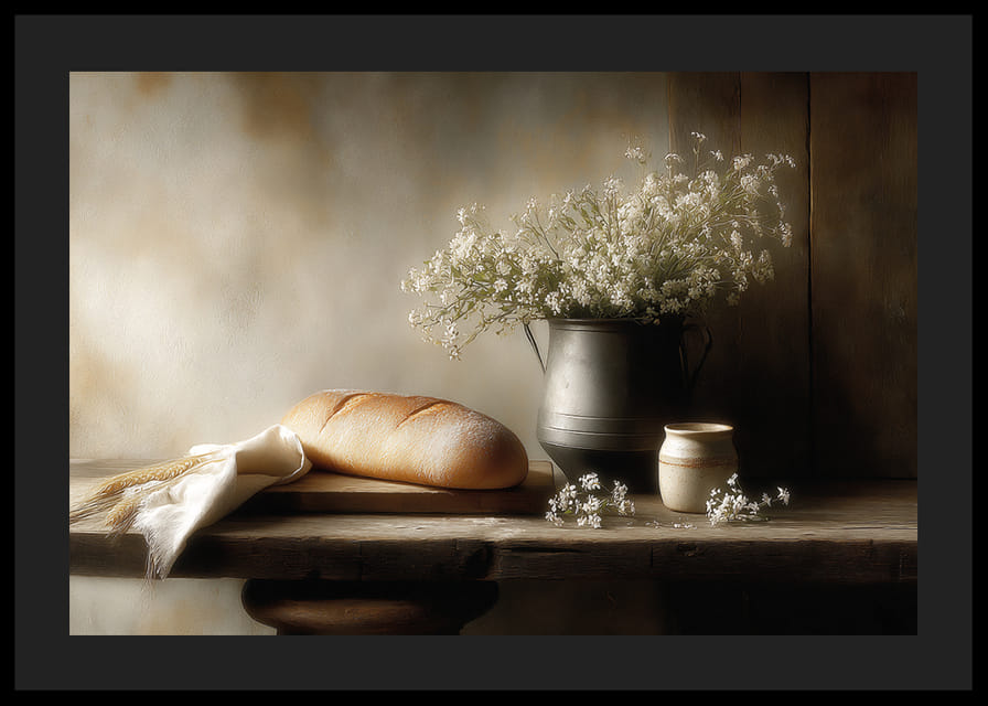 Une nature morte harmonieuse avec du pain et des fleurs dans une lumière douce.-12