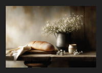 A harmonious still life with bread and flowers in soft light.-5