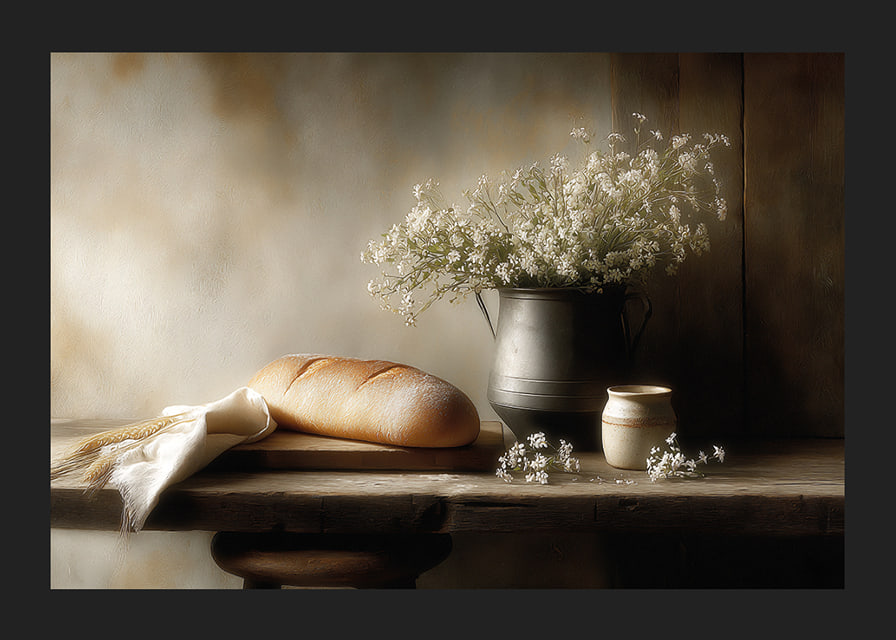 A harmonious still life with bread and flowers in soft light.-12