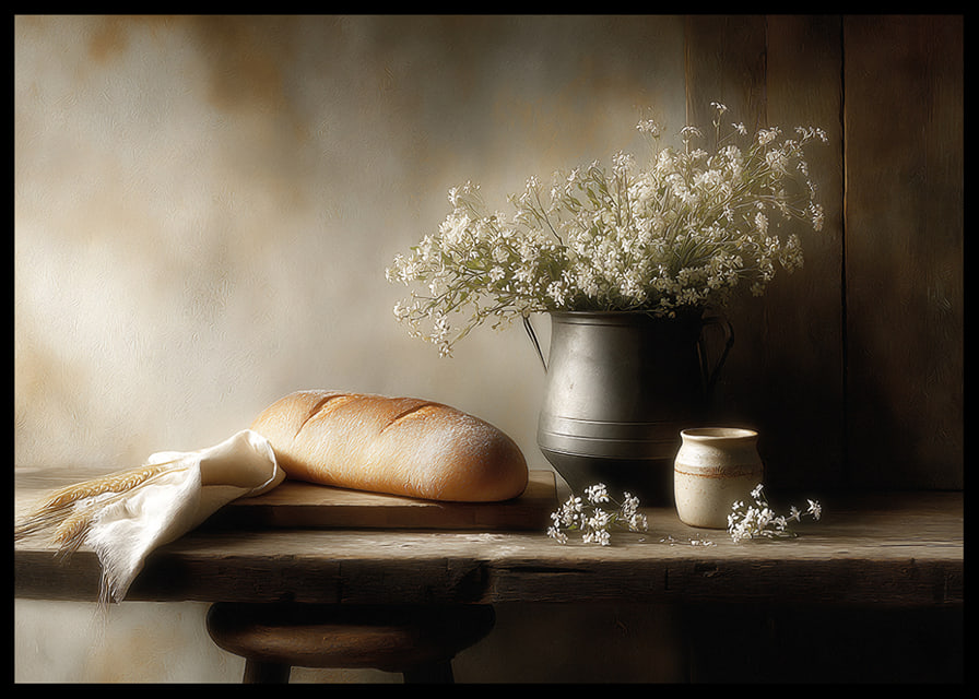 A harmonious still life with bread and flowers in soft light.-12