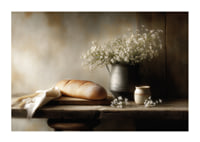 A harmonious still life with bread and flowers in soft light.-1