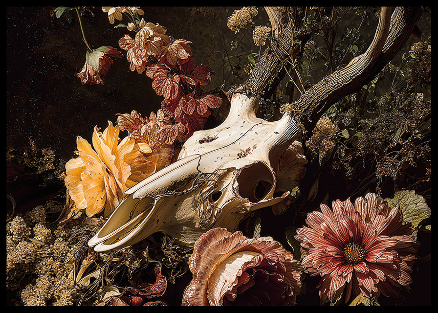 En dramatisk kombination av blommor och djurskalle.-12