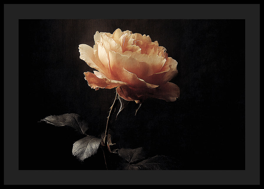A lone rose glows softly against a dark background.-12