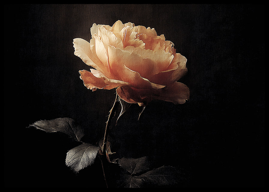 A lone rose glows softly against a dark background.-12
