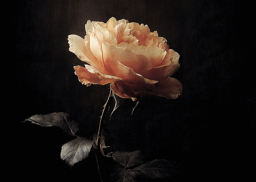 A lone rose glows softly against a dark background.-12