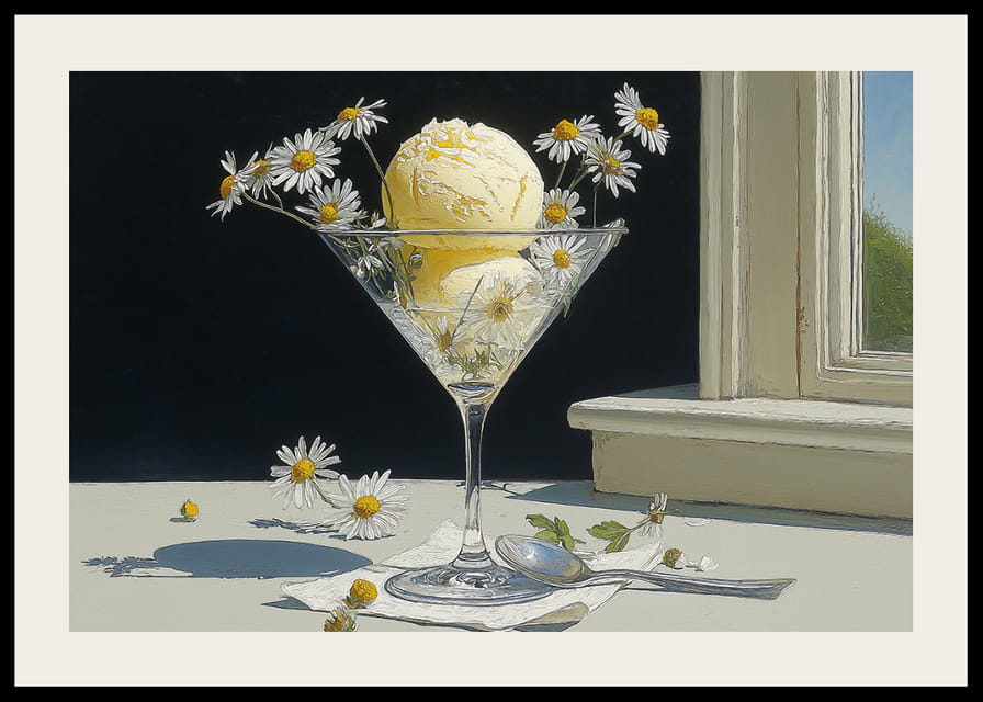 IJsbekers met ijs en madeliefjes schitteren in het zonlicht.-12