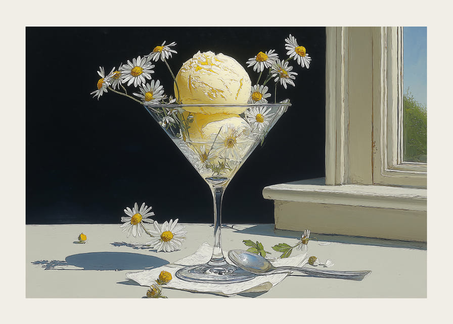 IJsbekers met ijs en madeliefjes schitteren in het zonlicht.-12