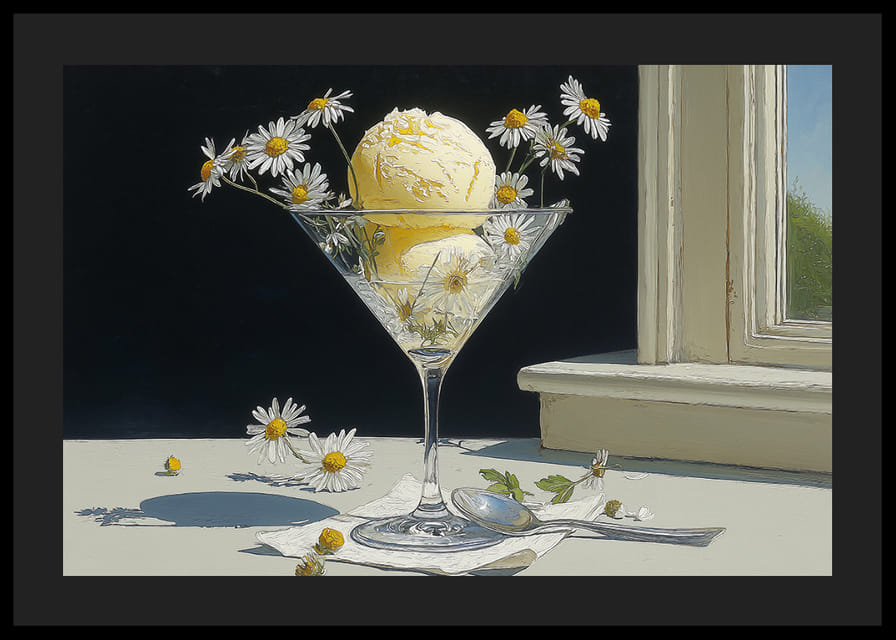 IJsbekers met ijs en madeliefjes schitteren in het zonlicht.-12