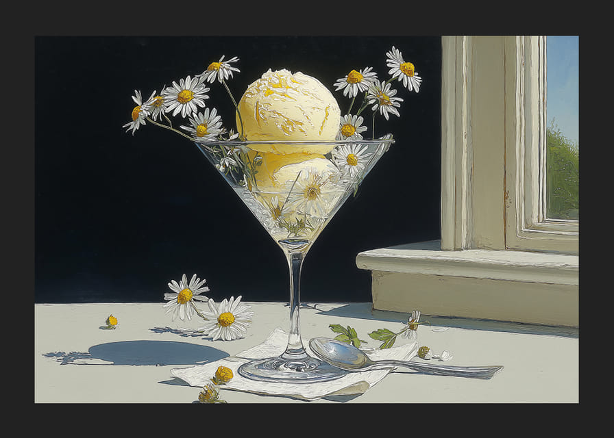 IJsbekers met ijs en madeliefjes schitteren in het zonlicht.-12