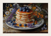 Blauwe bessenpannenkoekjes omringd door de pracht van bloemen.-3