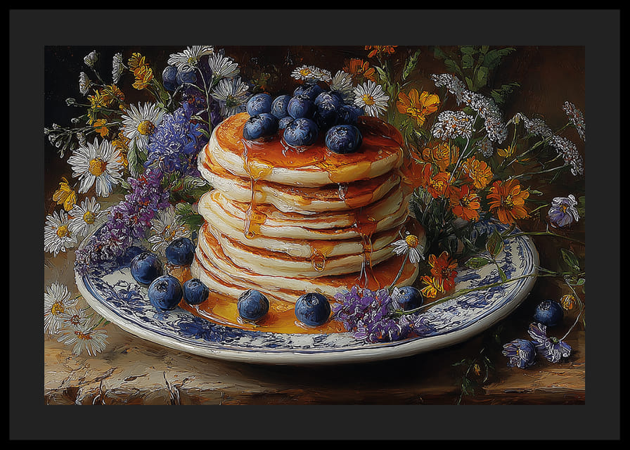 Blauwe bessenpannenkoekjes omringd door de pracht van bloemen.-12