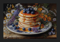 Blauwe bessenpannenkoekjes omringd door de pracht van bloemen.-5