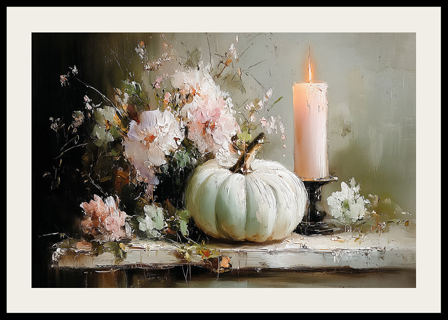A dreamlike scene with flowers, candles and pumpkin that exudes tranquility.-12