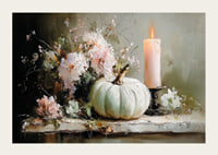 A dreamlike scene with flowers, candles and pumpkin that exudes tranquility.-3
