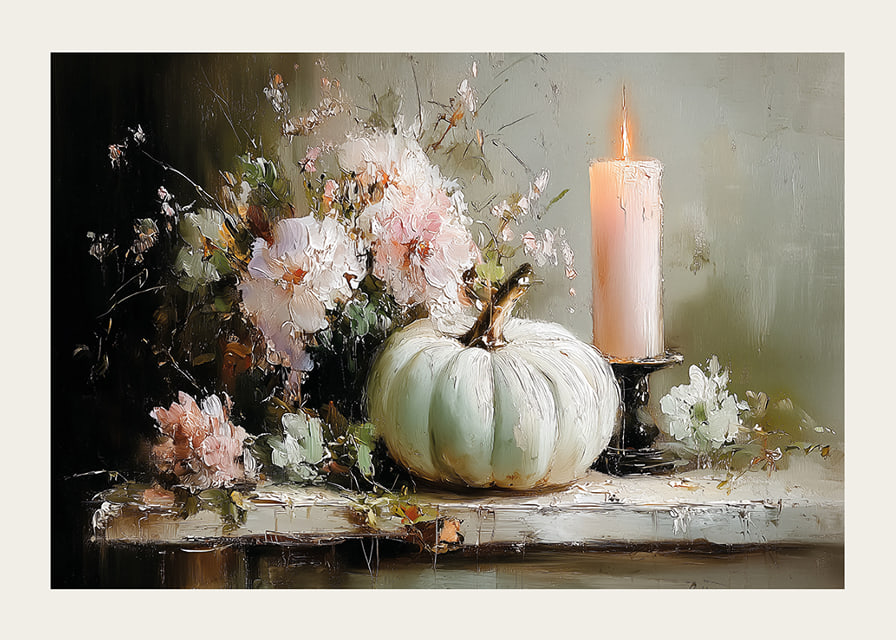 A dreamlike scene with flowers, candles and pumpkin that exudes tranquility.-12