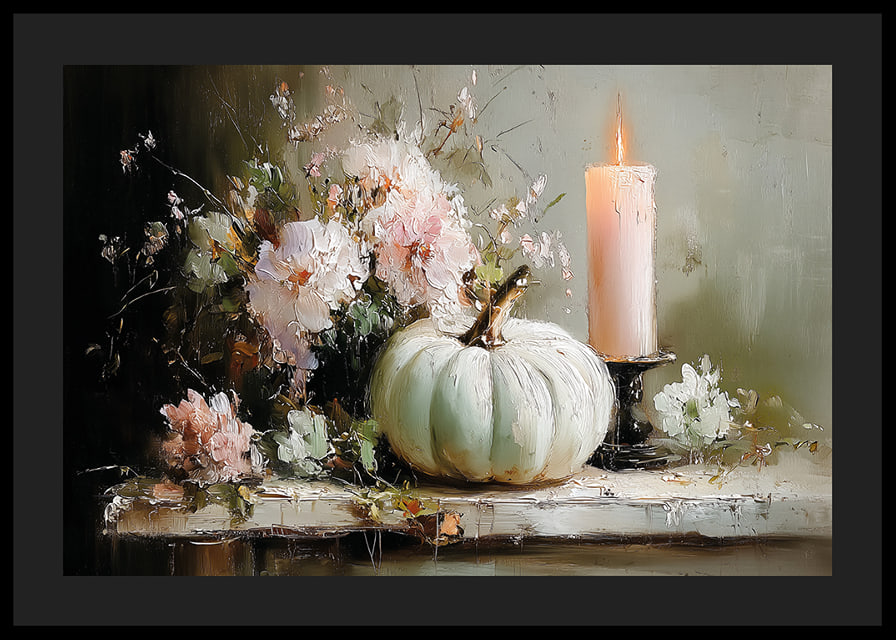 A dreamlike scene with flowers, candles and pumpkin that exudes tranquility.-12