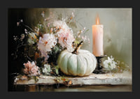 A dreamlike scene with flowers, candles and pumpkin that exudes tranquility.-5