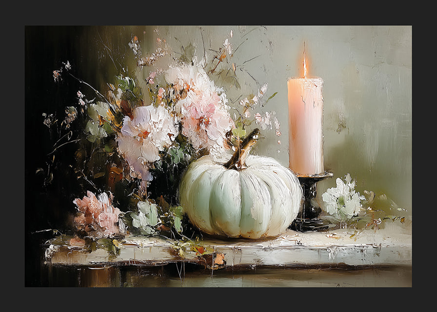 A dreamlike scene with flowers, candles and pumpkin that exudes tranquility.-12