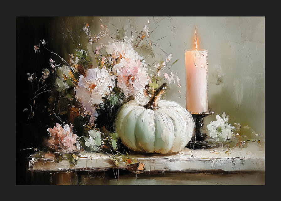Une scène onirique avec des fleurs, des bougies et une citrouille qui respire la tranquillité.-12