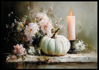 A dreamlike scene with flowers, candles and pumpkin that exudes tranquility.-6