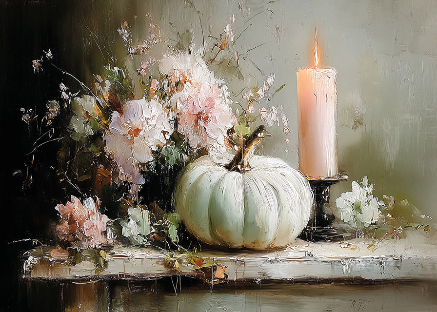 A dreamlike scene with flowers, candles and pumpkin that exudes tranquility.-12
