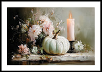 A dreamlike scene with flowers, candles and pumpkin that exudes tranquility.-0
