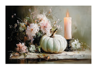 A dreamlike scene with flowers, candles and pumpkin that exudes tranquility.-1