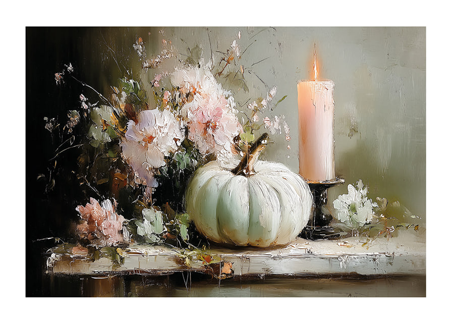 A dreamlike scene with flowers, candles and pumpkin that exudes tranquility.-12