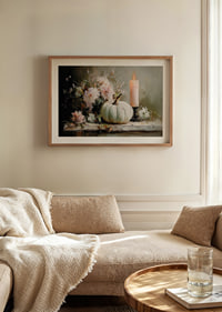 A dreamlike scene with flowers, candles and pumpkin that exudes tranquility.-8