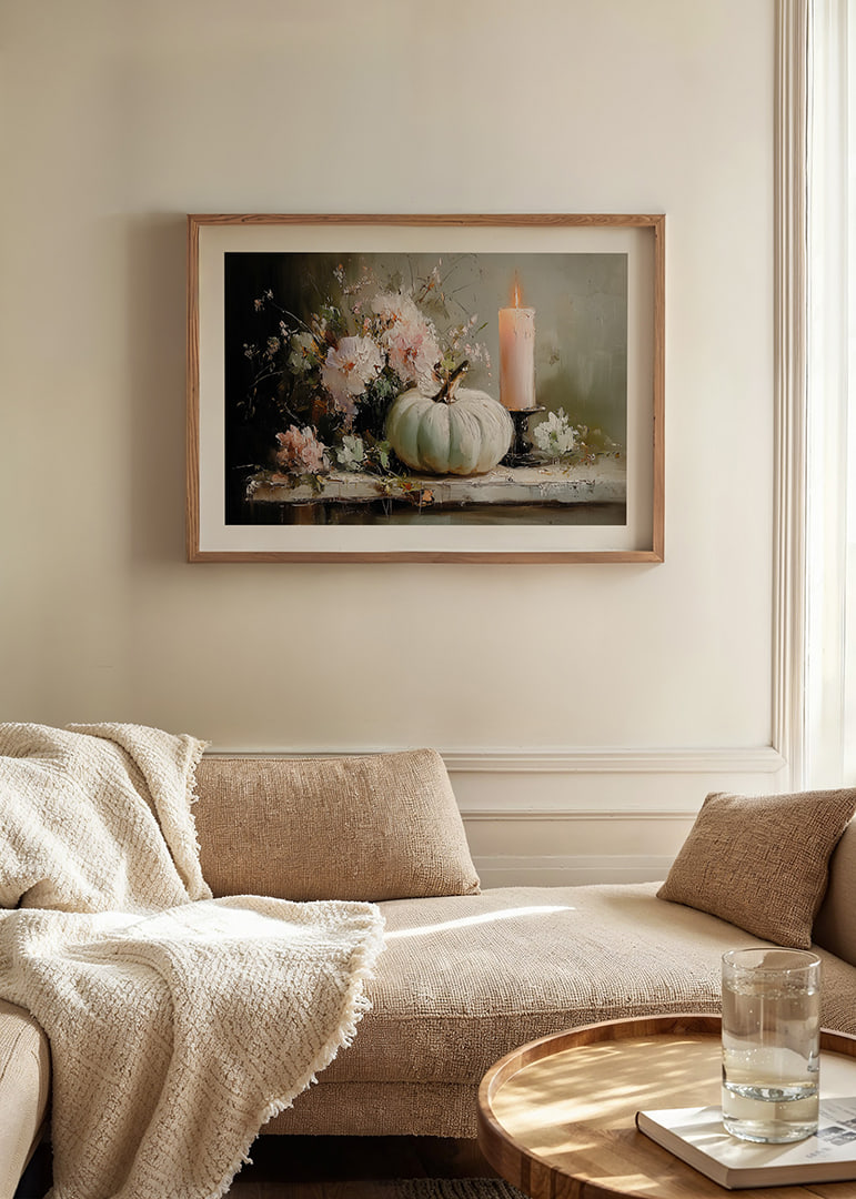 A dreamlike scene with flowers, candles and pumpkin that exudes tranquility.-12