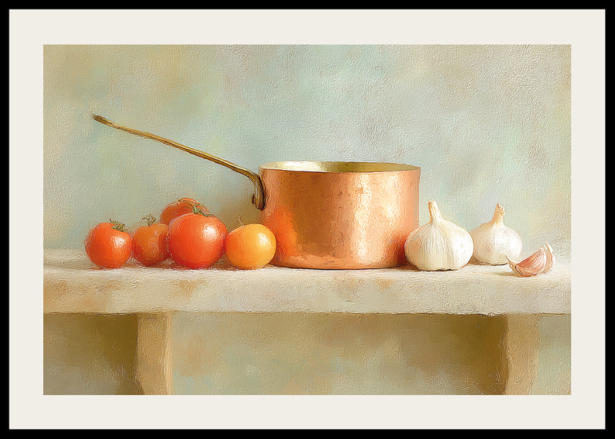 Copper saucepan and fresh vegetables create rustic charm.-12