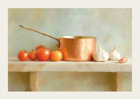 Copper saucepan and fresh vegetables create rustic charm.-3