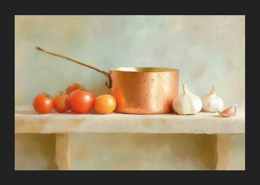Copper saucepan and fresh vegetables create rustic charm.-12