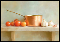 Copper saucepan and fresh vegetables create rustic charm.-6