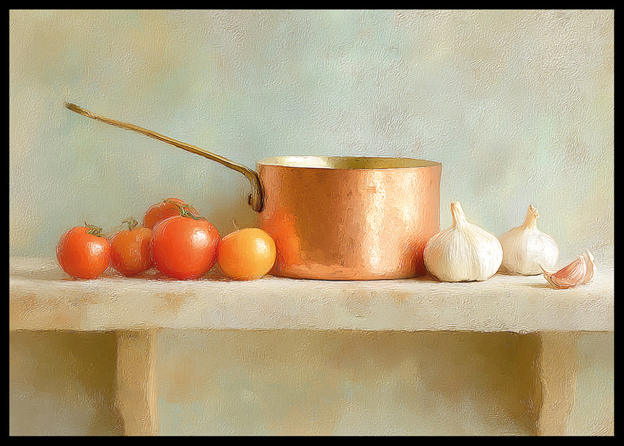 Copper saucepan and fresh vegetables create rustic charm.-12