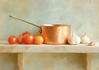 Copper saucepan and fresh vegetables create rustic charm.-7