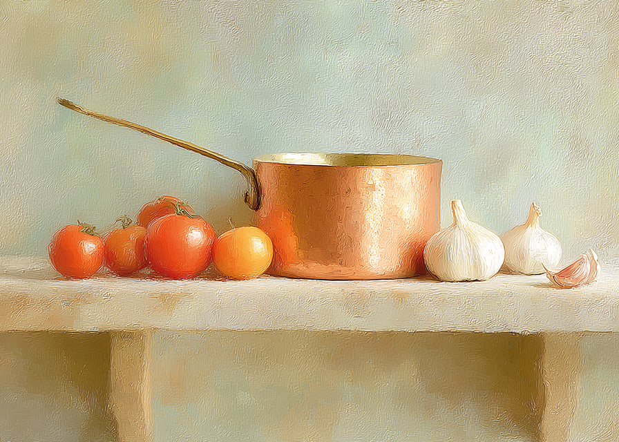 Copper saucepan and fresh vegetables create rustic charm.-12