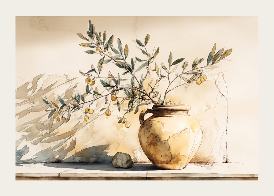 Tidløs skønhed med motivet af en antik potte prydet med olivengrene.-12