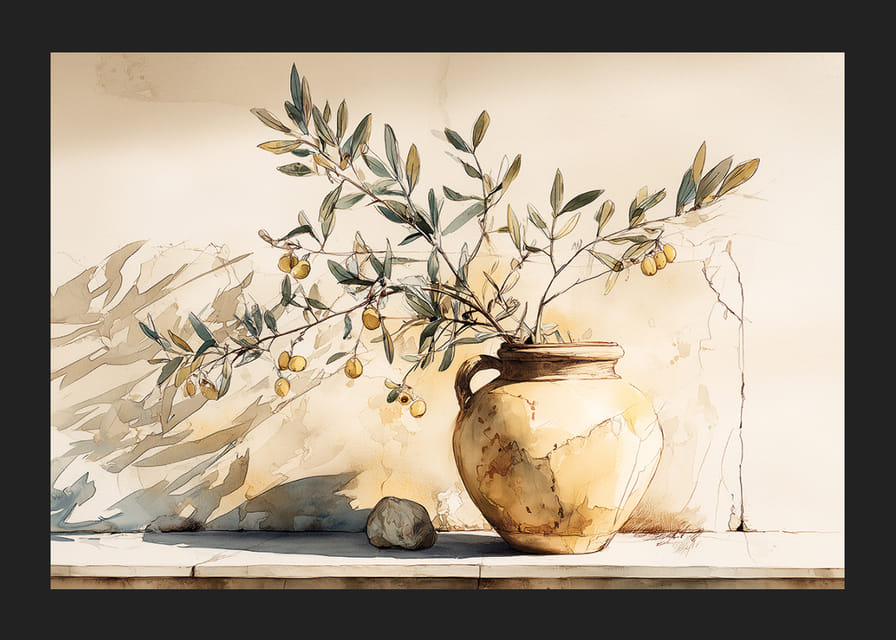 Tidløs skønhed med motivet af en antik potte prydet med olivengrene.-12